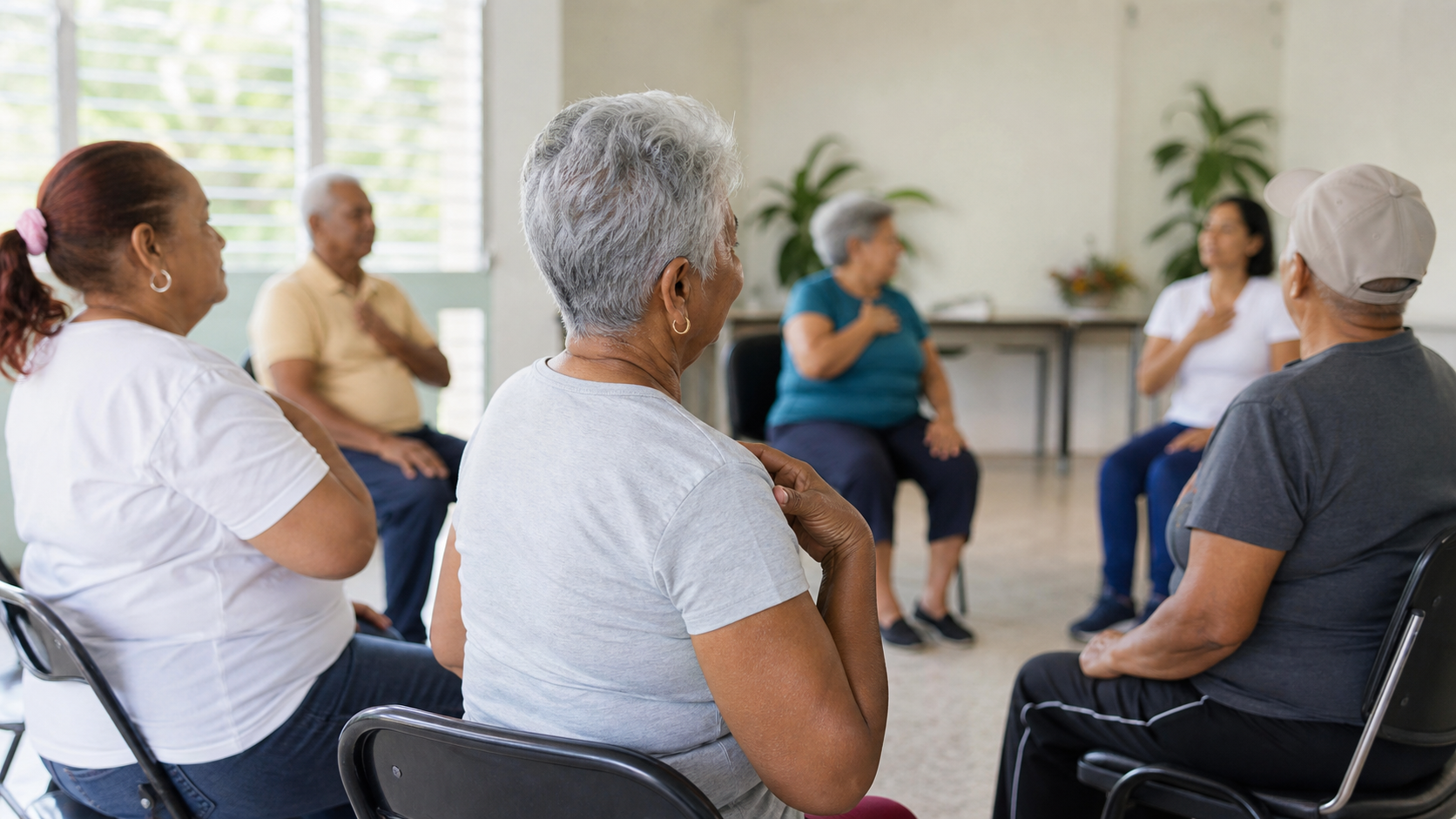 Older adults taking part in a wellness activity at a community center in Panama.