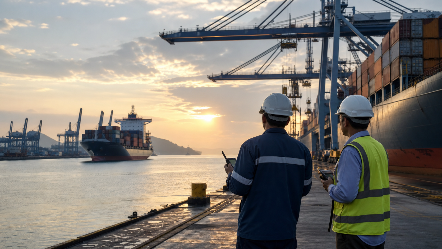 Container ships and port cranes during Panama-China maritime talks.