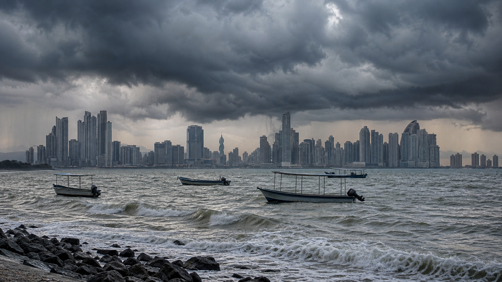 Storm clouds moving over Panama Bay as small vessels remain near shore.