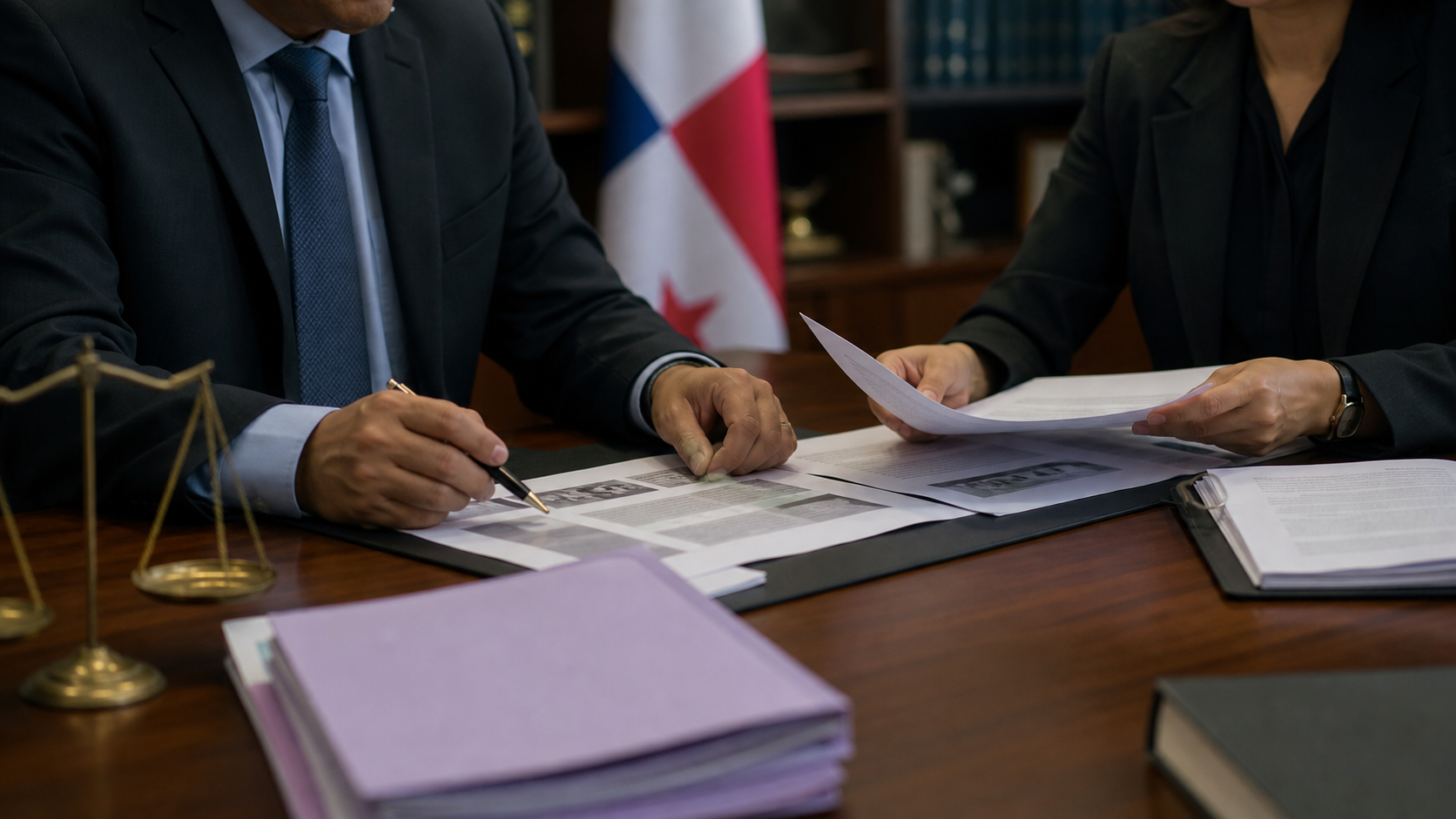 Justice officials reviewing gender-violence investigation documents in a formal office.