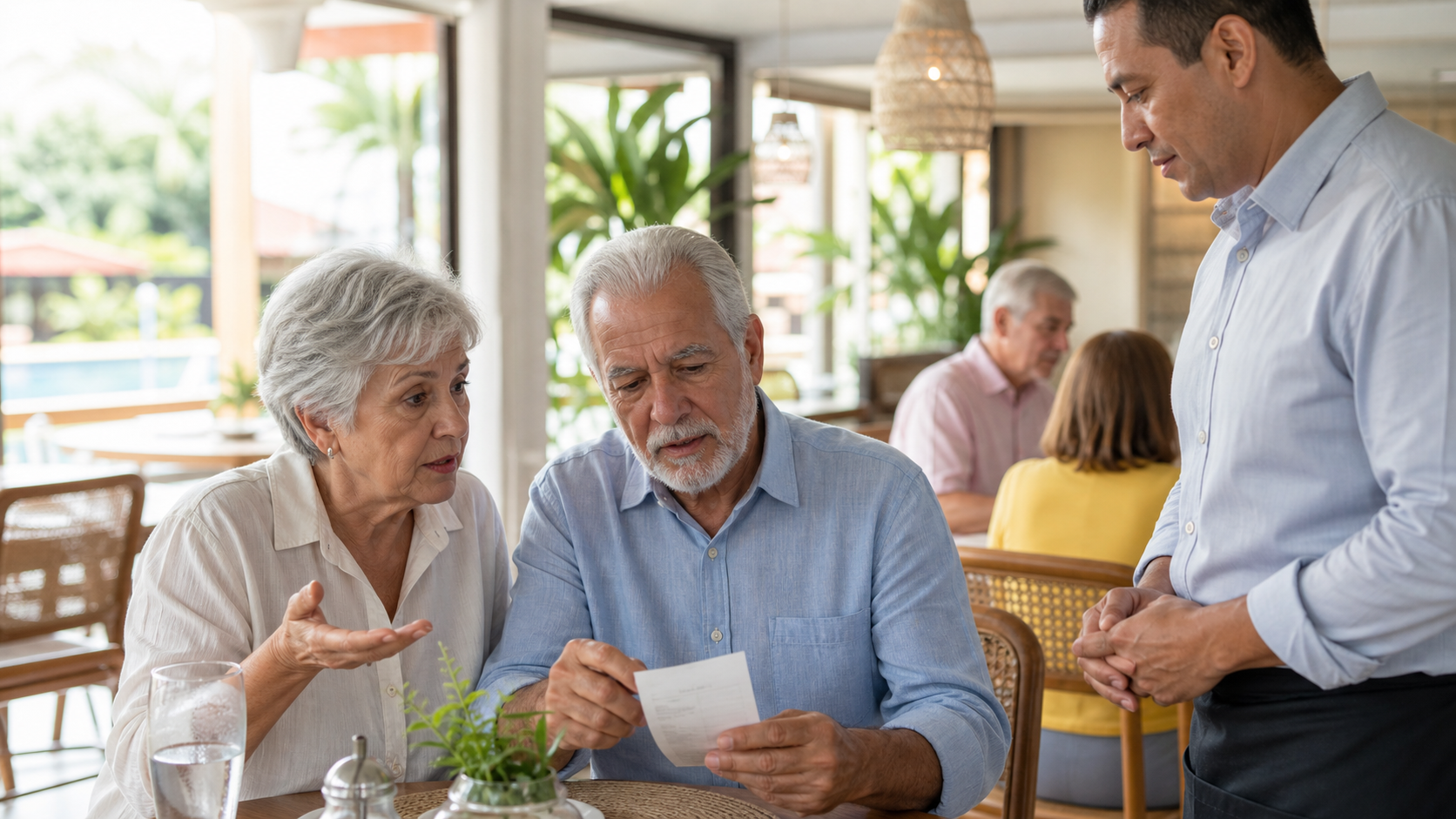Older adults reviewing a restaurant bill in Panama during a public policy debate.