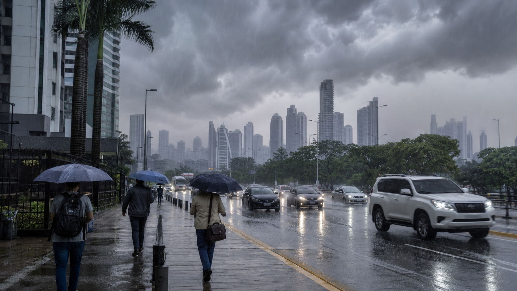 Storm clouds and rain over Panama during a tropical wave advisory.