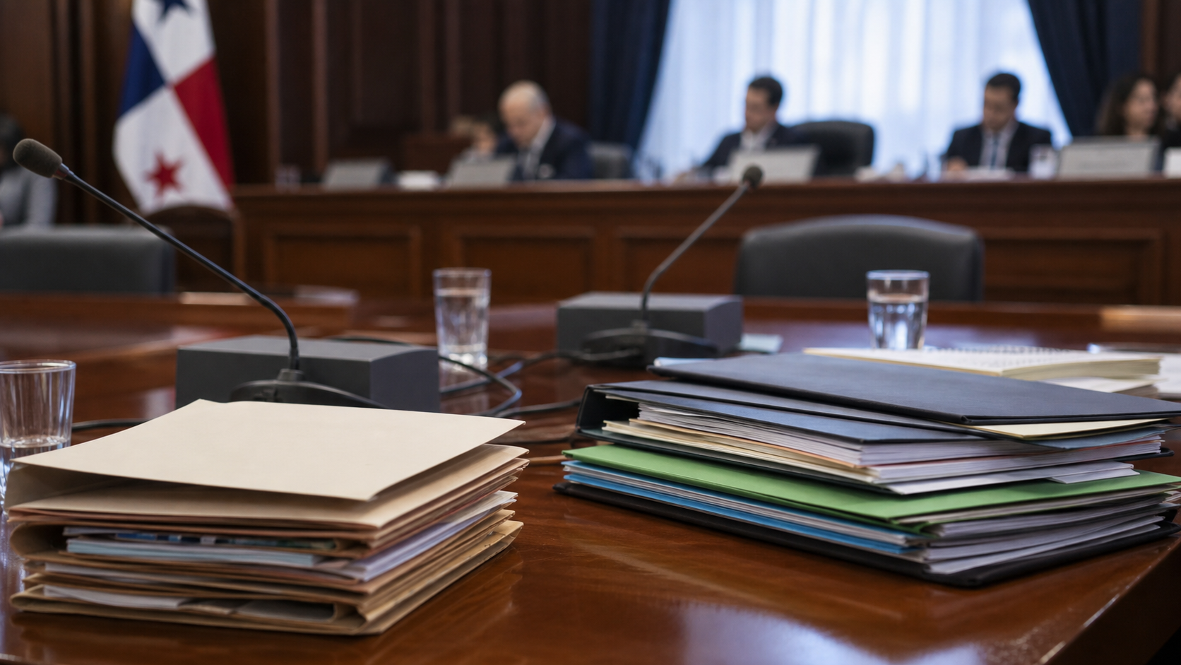 Budget commission documents and diplomatic travel files on a hearing table.