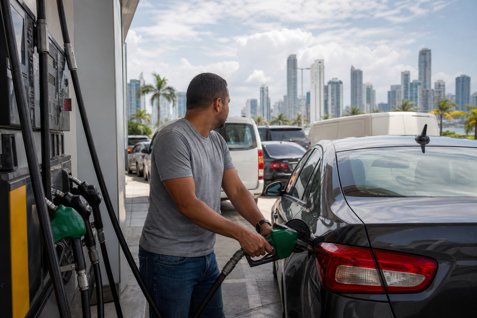 Driver refueling a car at a Panama gas station as fuel prices rise.