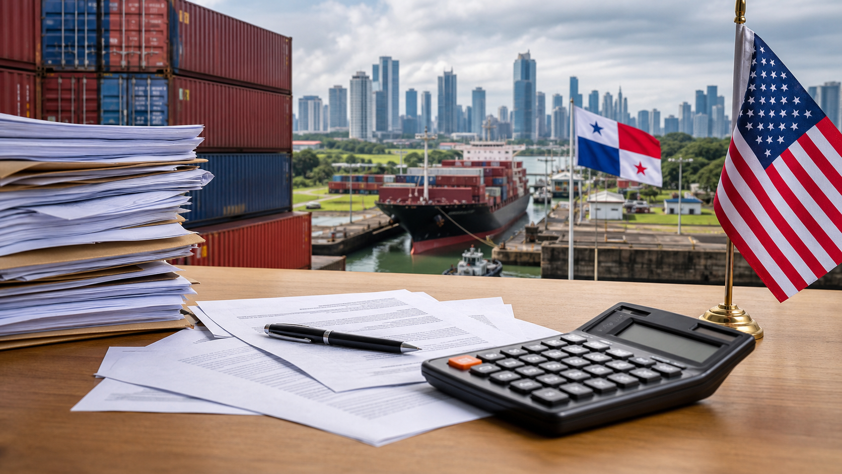 Shipping containers and trade documents during a tariff announcement affecting Panama.