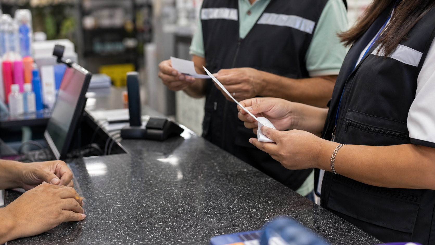 Consumer-protection inspectors reviewing receipts at a business counter.
