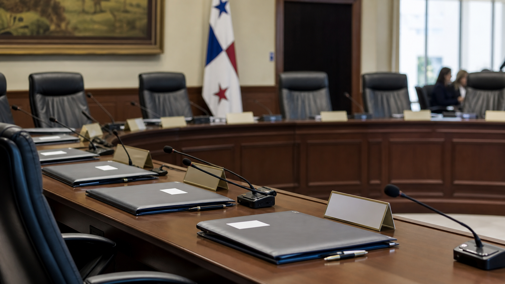 National Assembly committee nameplates and meeting folders before a leadership session.