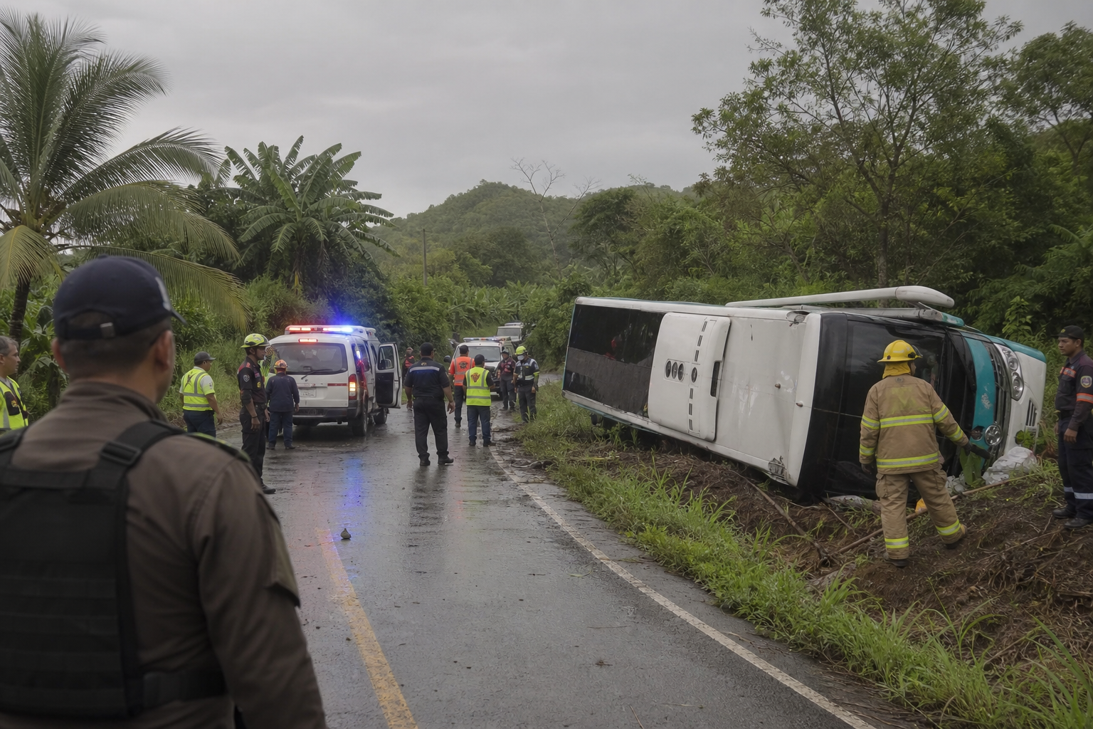 Emergency responders near a rural road in Chepo after a serious accident.