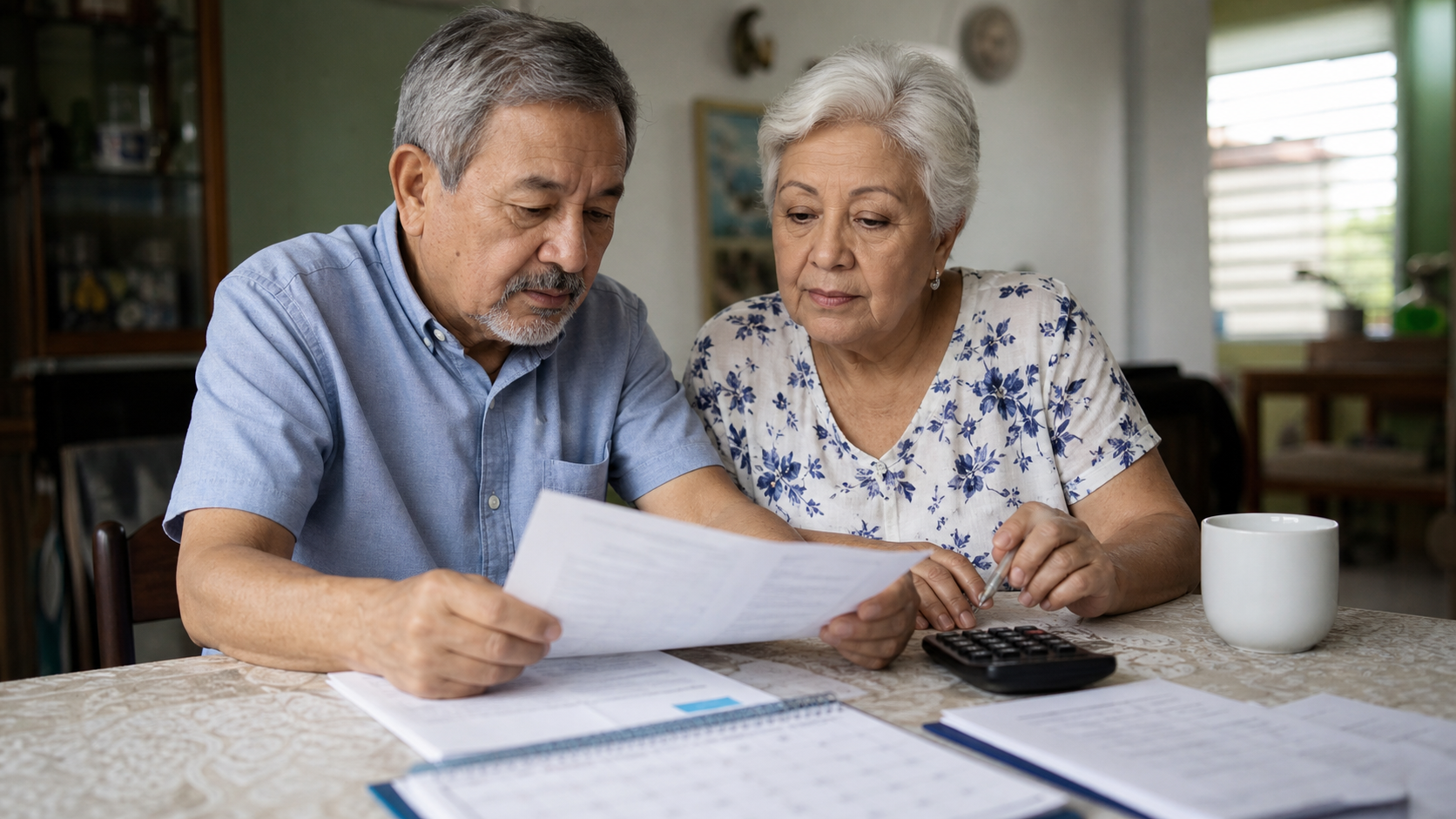 Retirees checking payment calendar and pension documents in Panama.