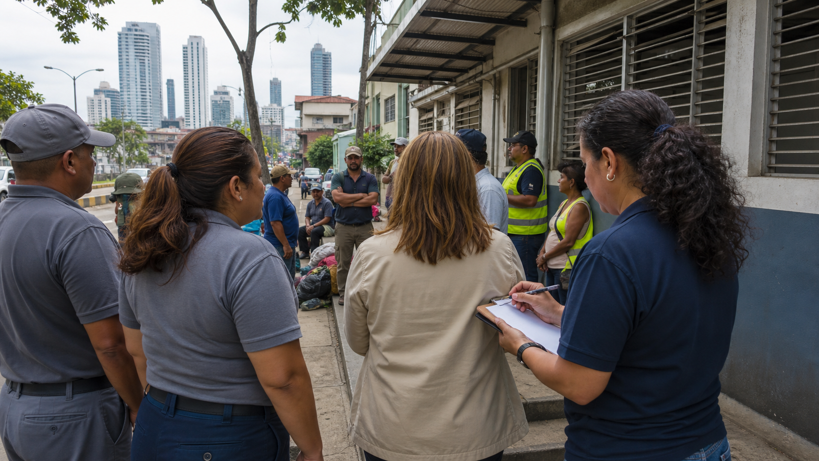 Social workers meeting near a community outreach center in Panama City.