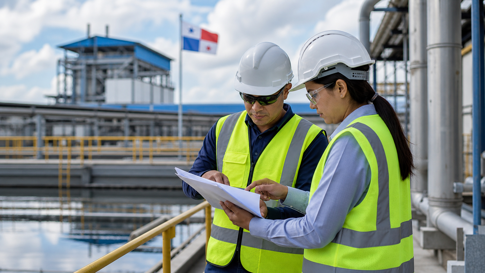 Environmental inspectors reviewing compliance documents at an industrial facility.