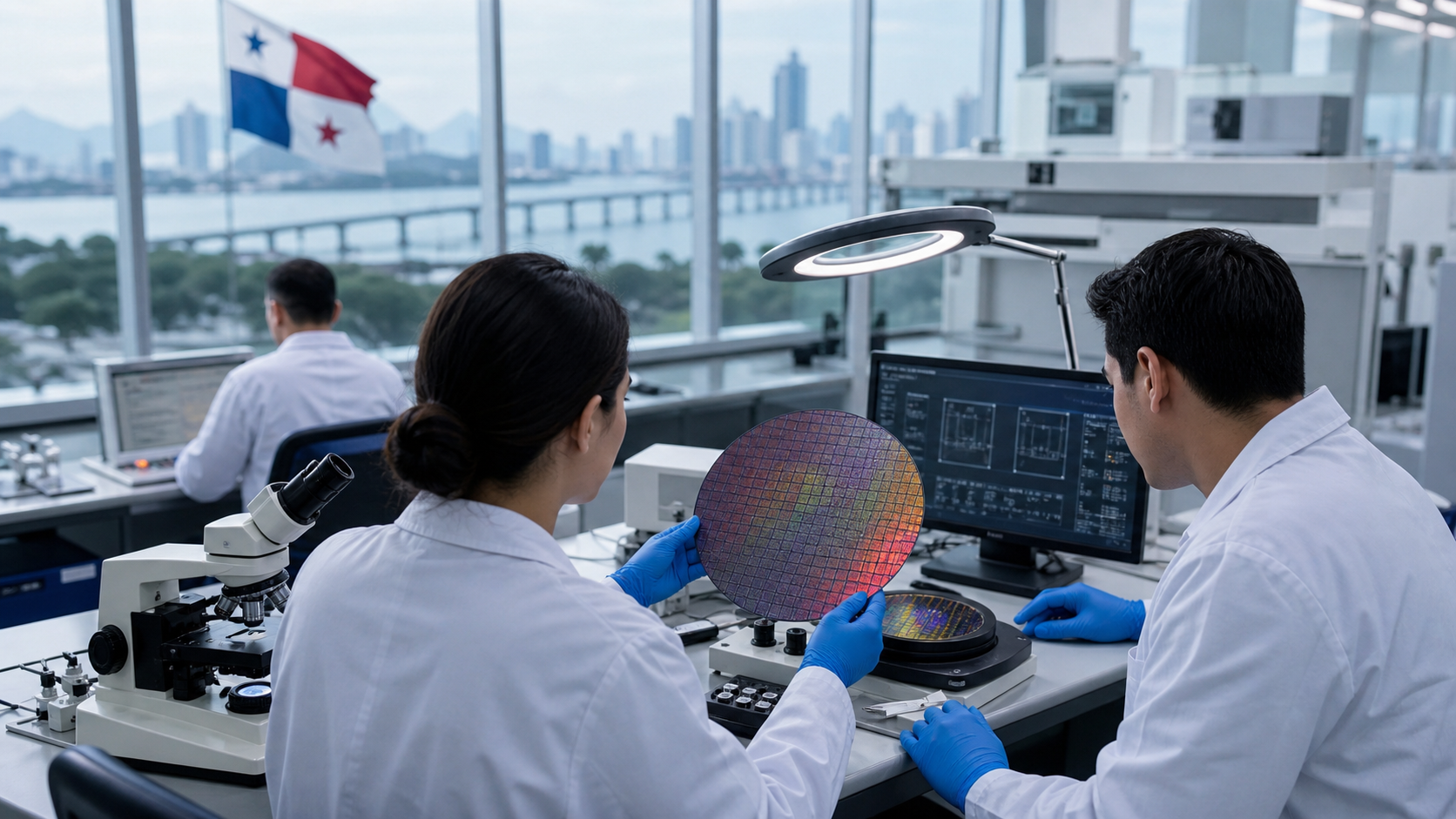 Engineers studying semiconductor equipment in a modern technology laboratory.