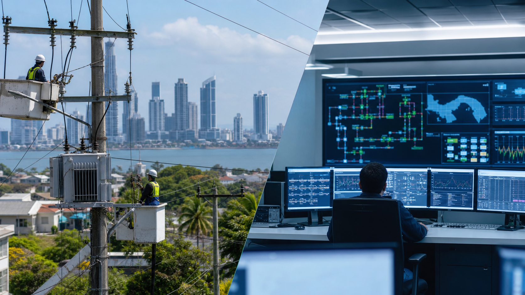 Utility workers and electricity infrastructure during a grid modernization discussion.