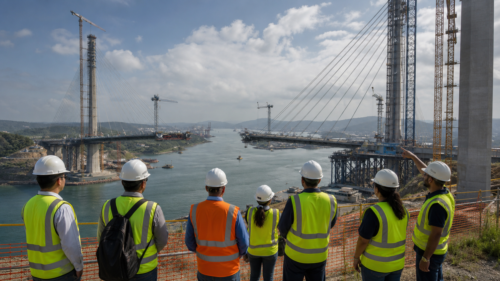 Engineers viewing bridge construction works near the Panama Canal.