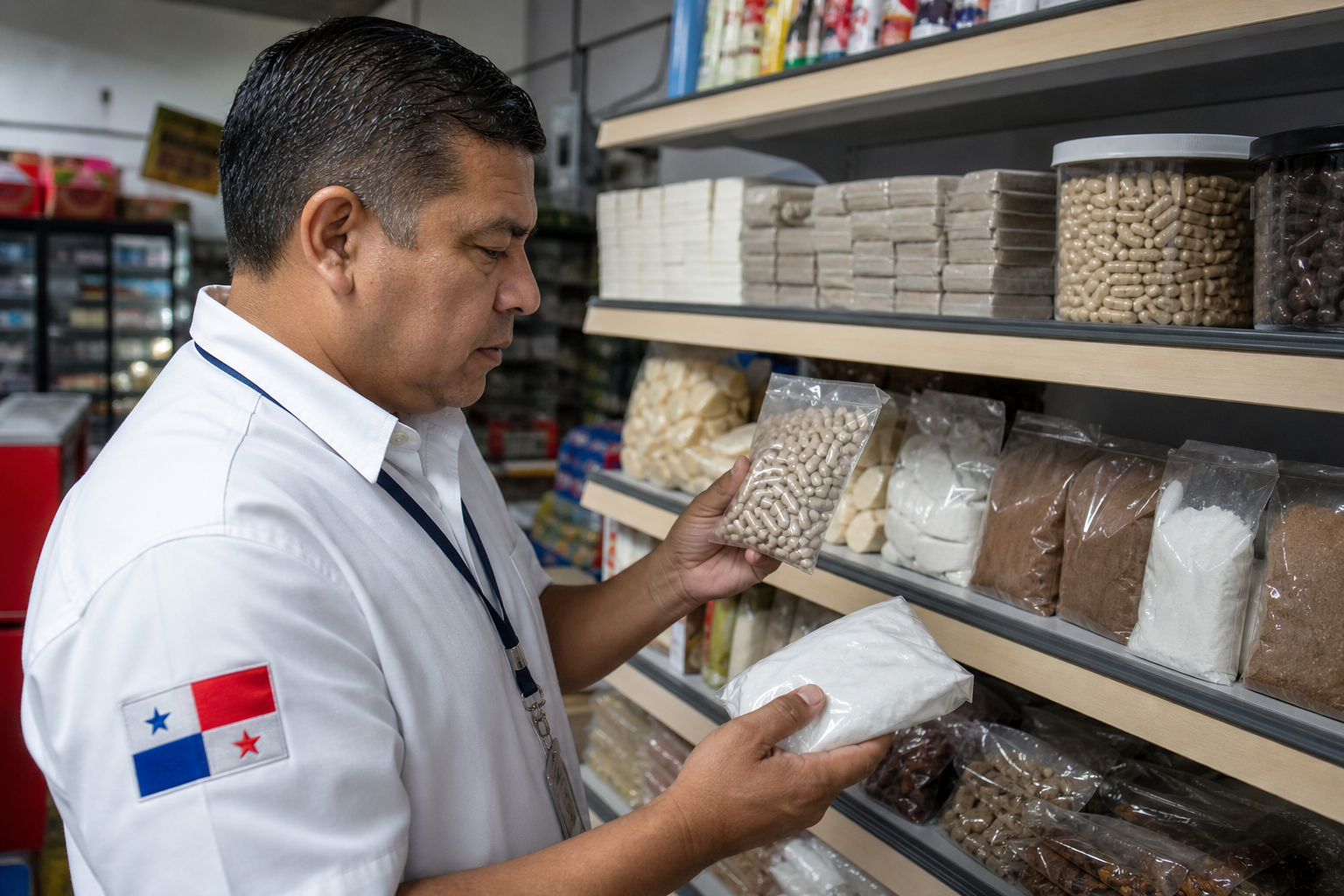 Health inspector reviewing unlabeled food products in a Panama store.