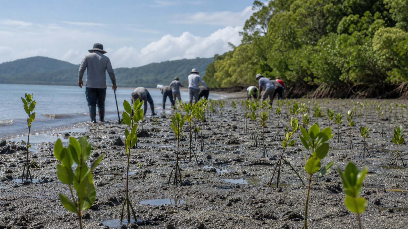 Coastal mangrove restoration work along a Panama shoreline.