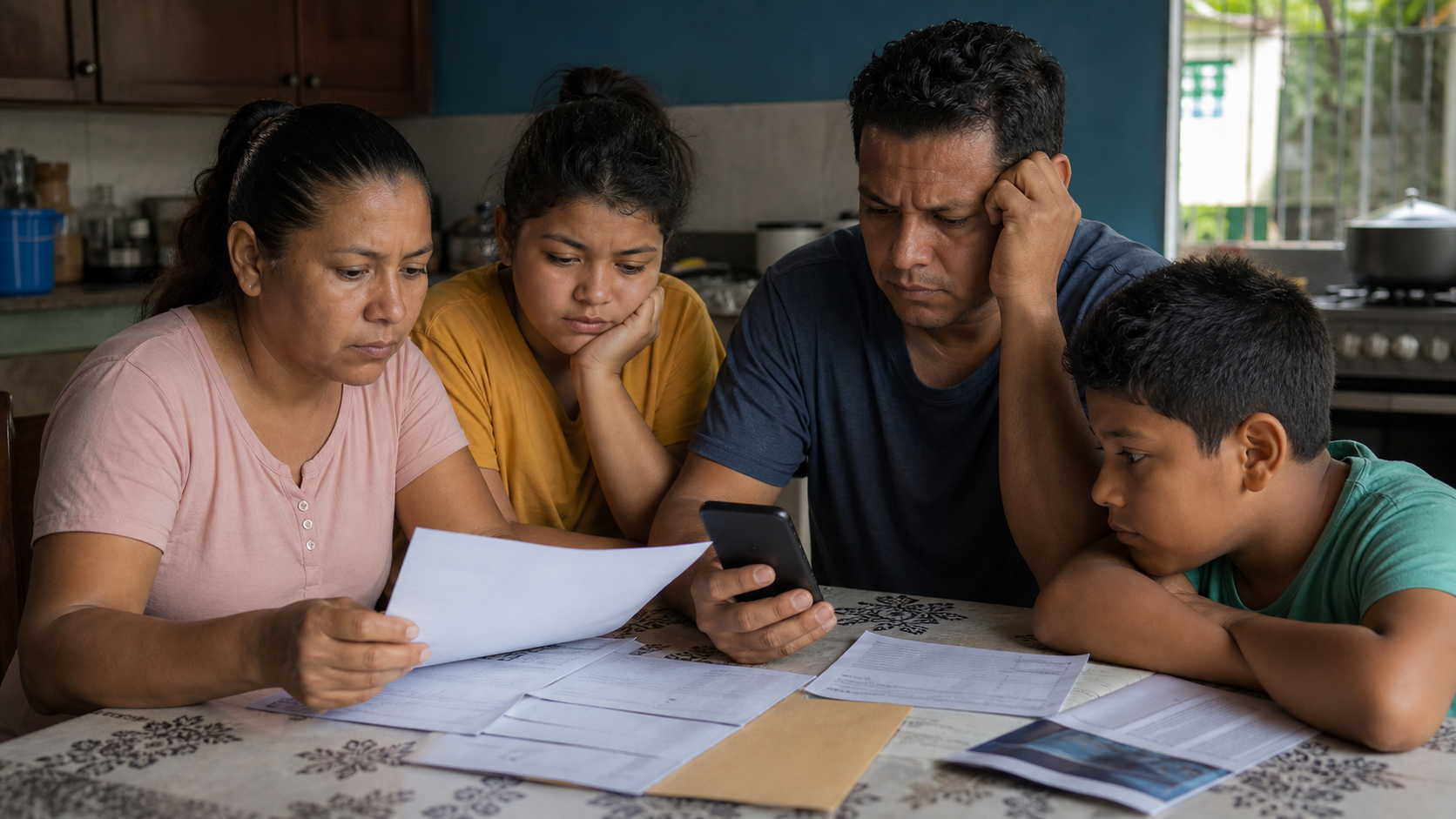 Concerned family reviewing travel documents as officials discuss overseas recruitment risks.