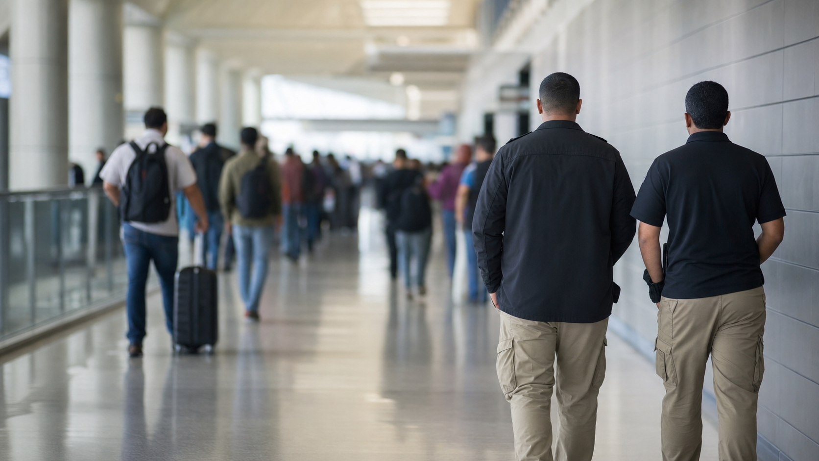 A generic airport terminal corridor during a law-enforcement investigation.