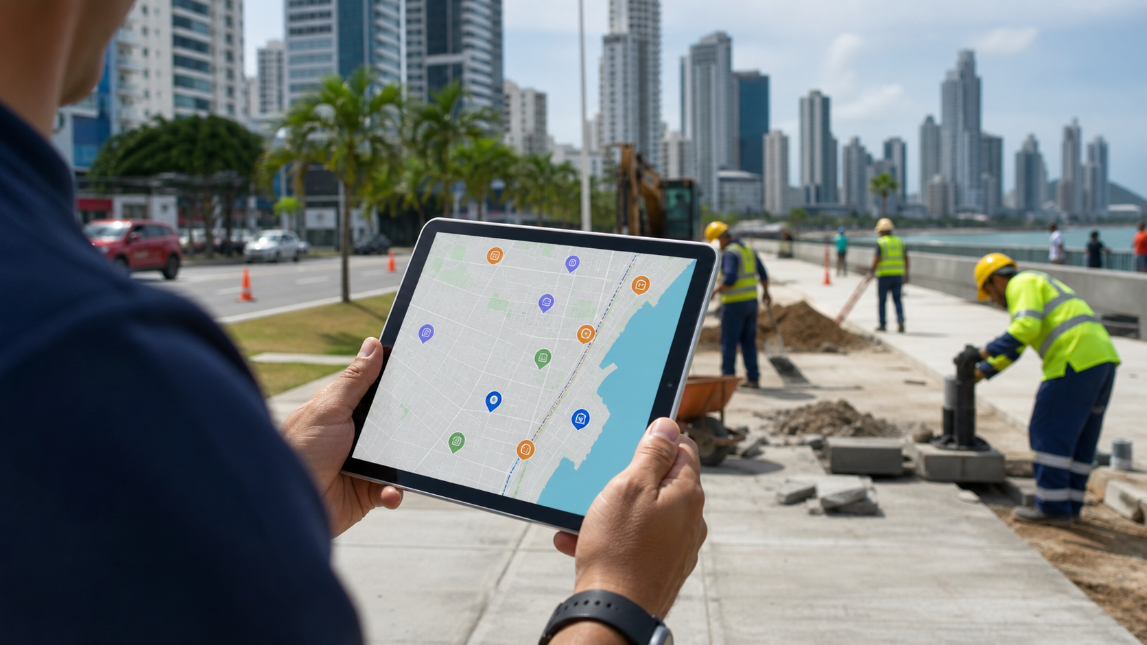 Tablet with map markers near municipal works in Panama City.