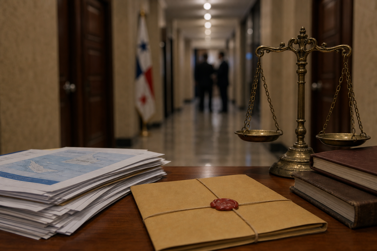 Courtroom hallway and maritime documents during a public corruption case in Panama.