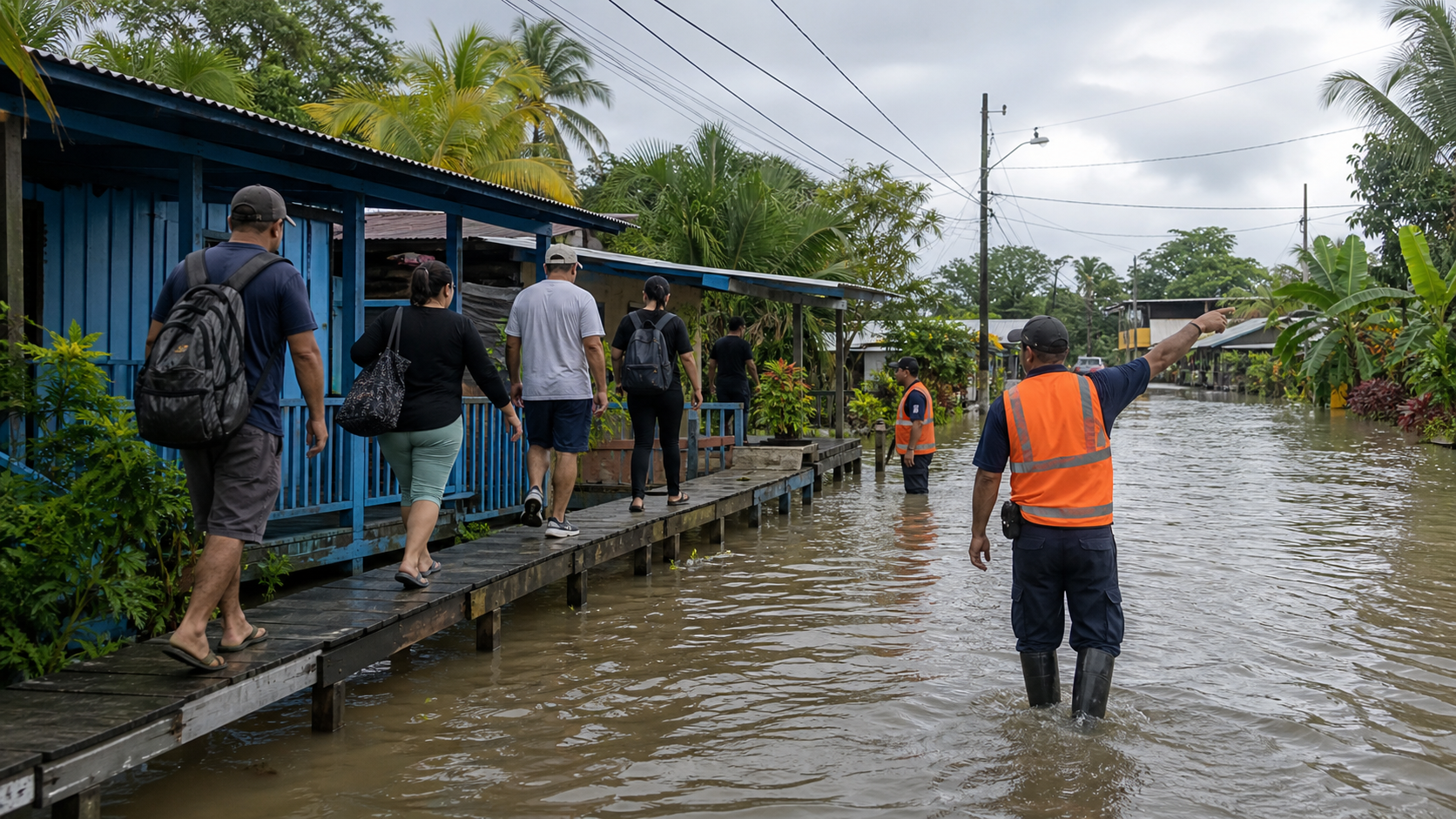 Civil protection workers helping residents during flooding in Bocas del Toro.