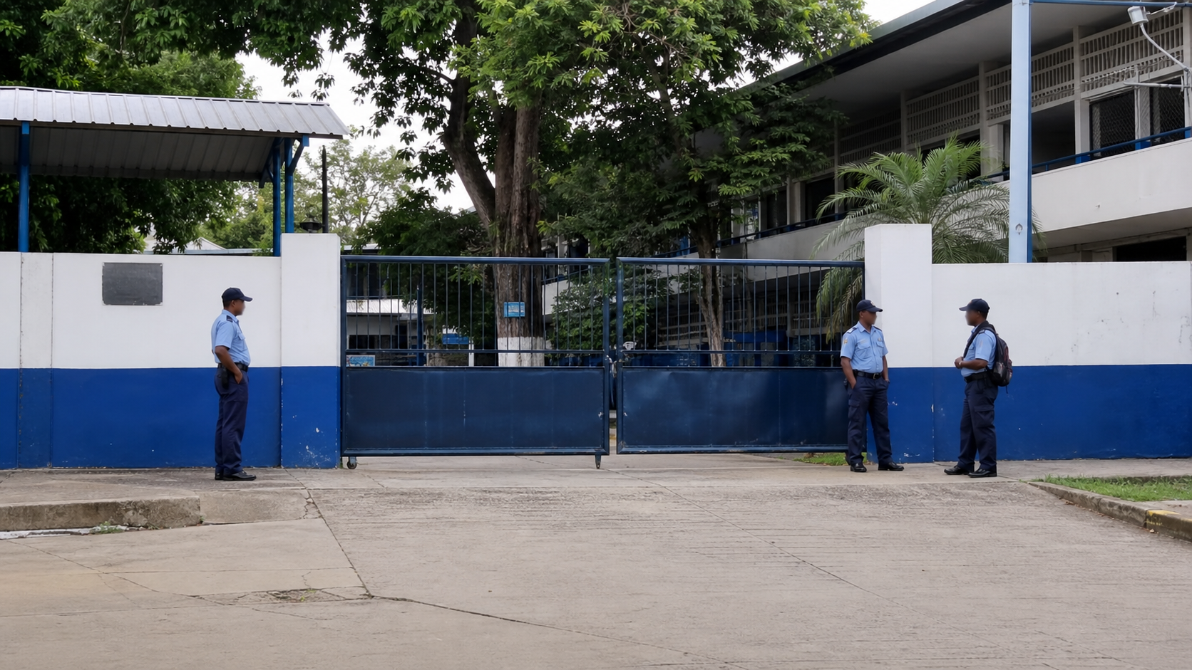 A quiet school entrance with safety staff after classes were suspended.