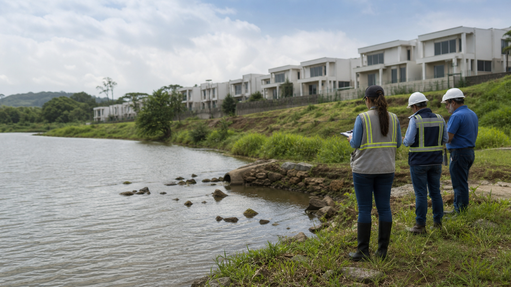 Environmental inspectors near a riverbank during a wastewater investigation.