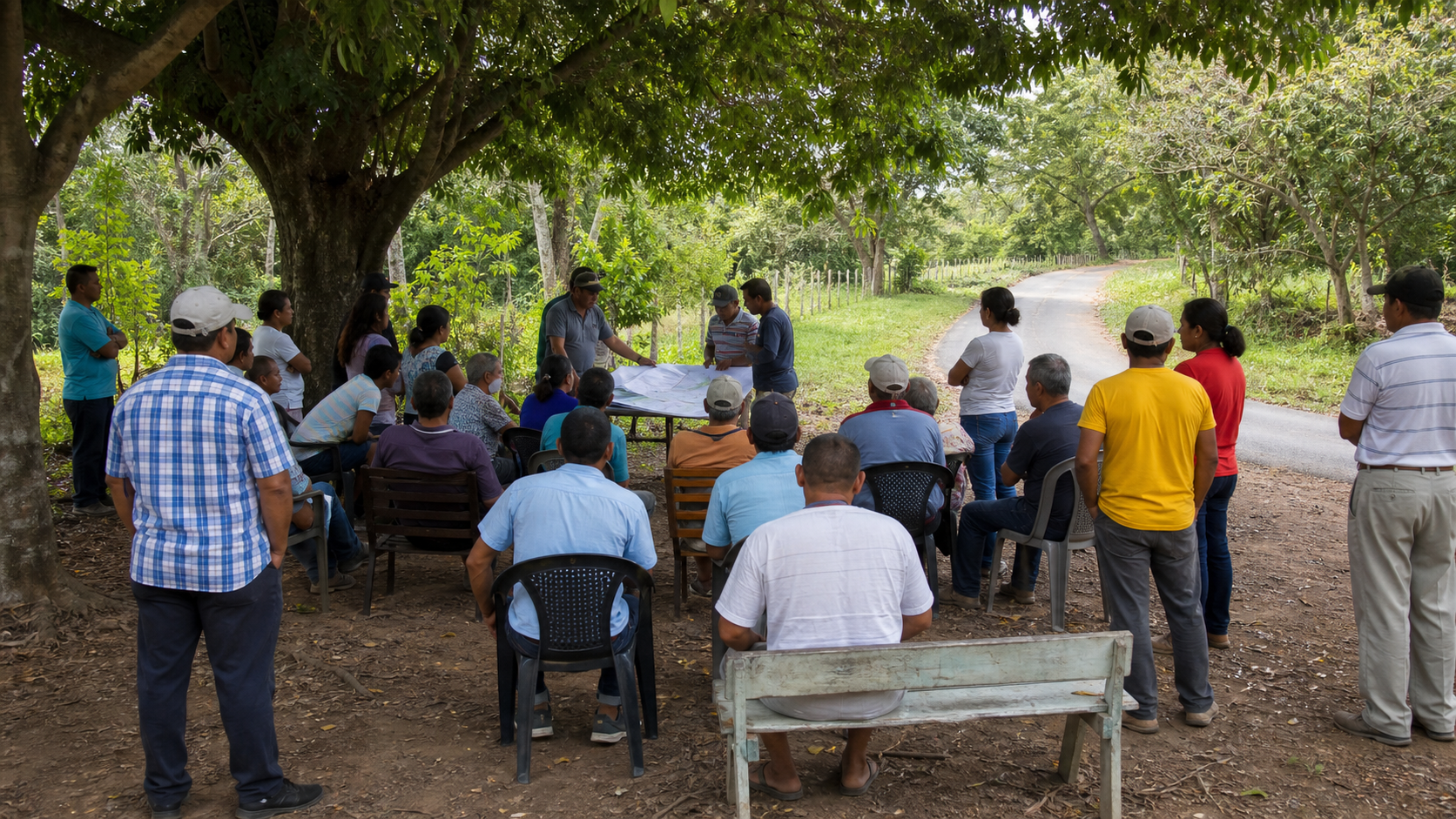 Rural Panama residents gathered near a community road during a civic meeting.