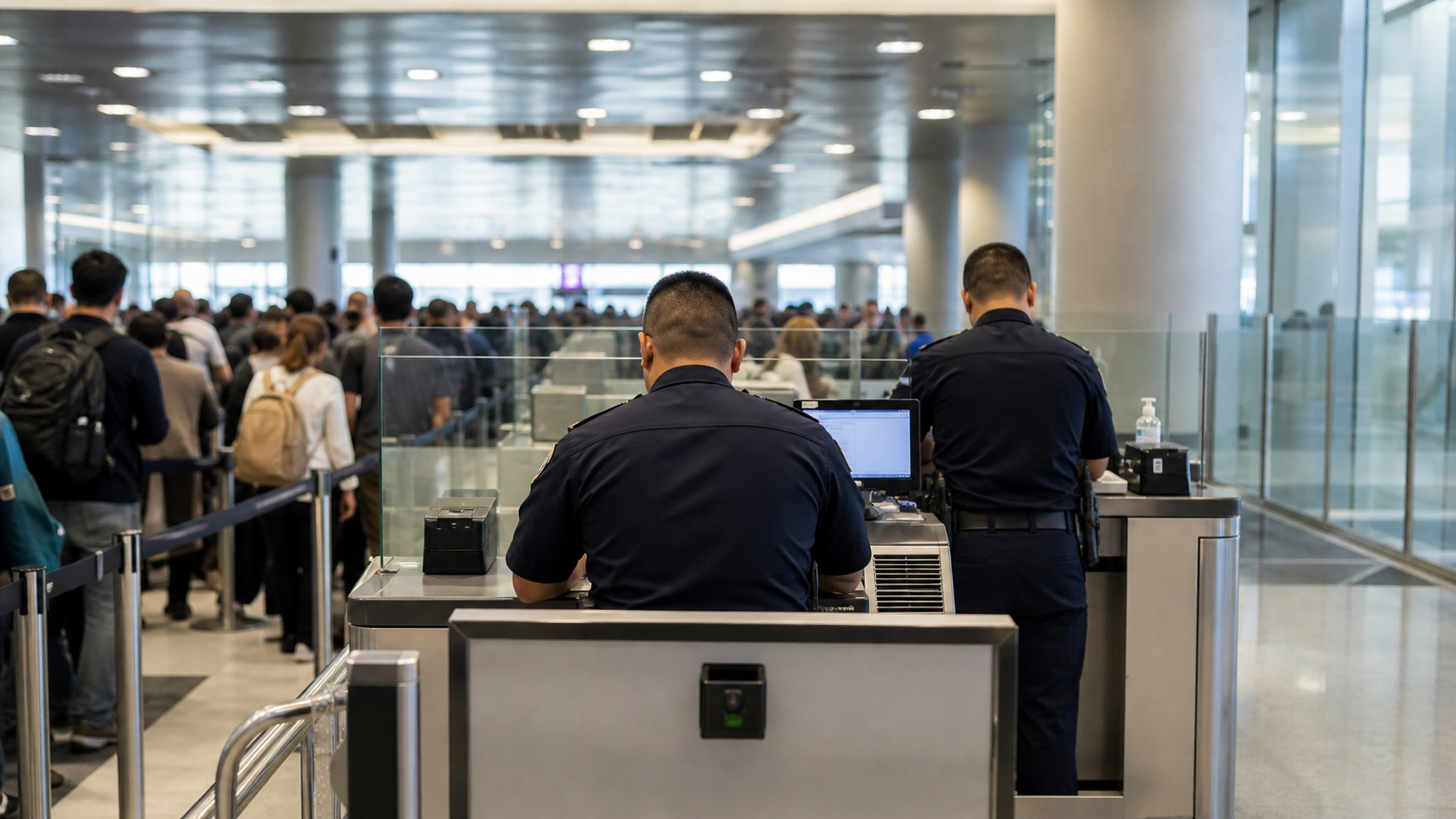 Airport immigration checkpoint during a national security screening in Panama.
