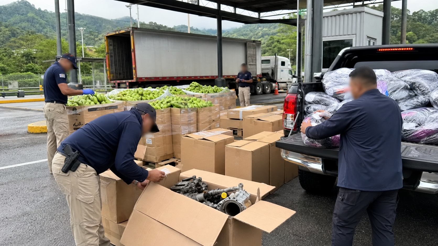 Customs and border-inspection teams checking boxes at a roadside checkpoint in Chiriqui.