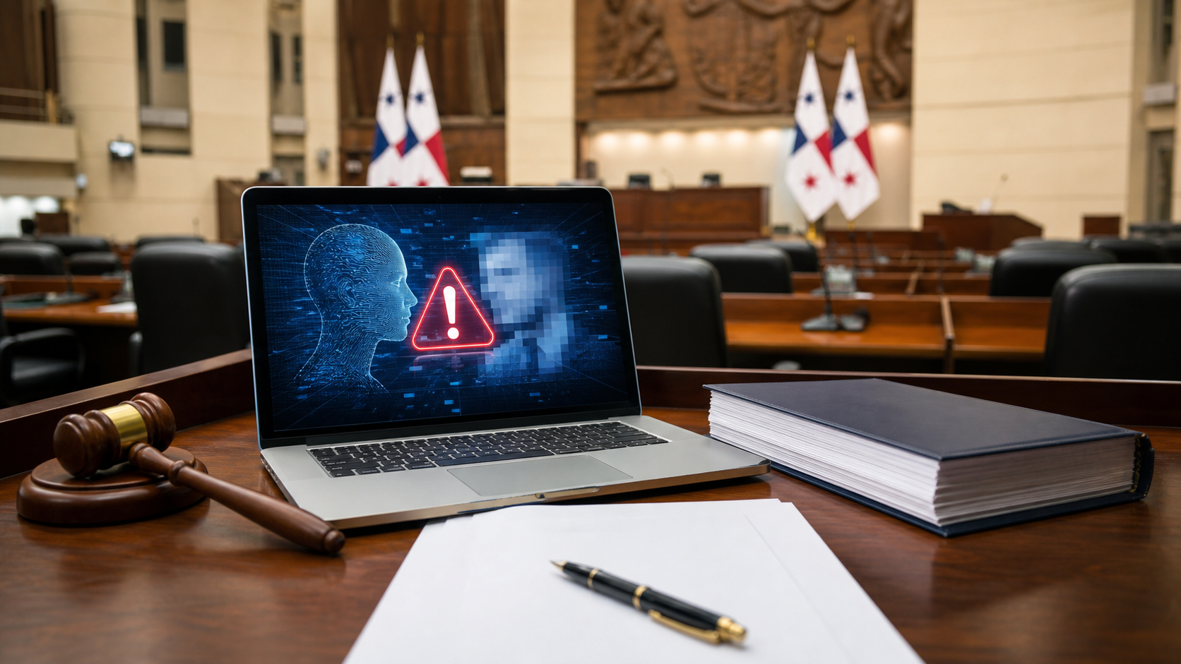 Laptop with abstract AI warning imagery inside a legislative chamber.