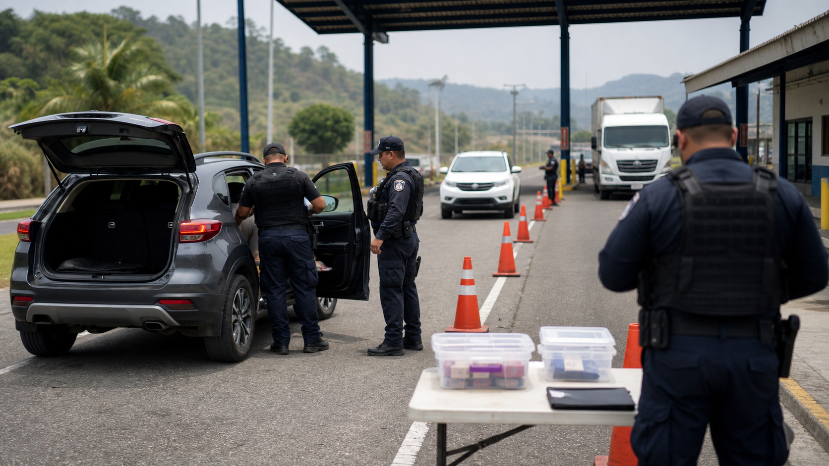 Police inspecting a vehicle at a checkpoint in Colon.