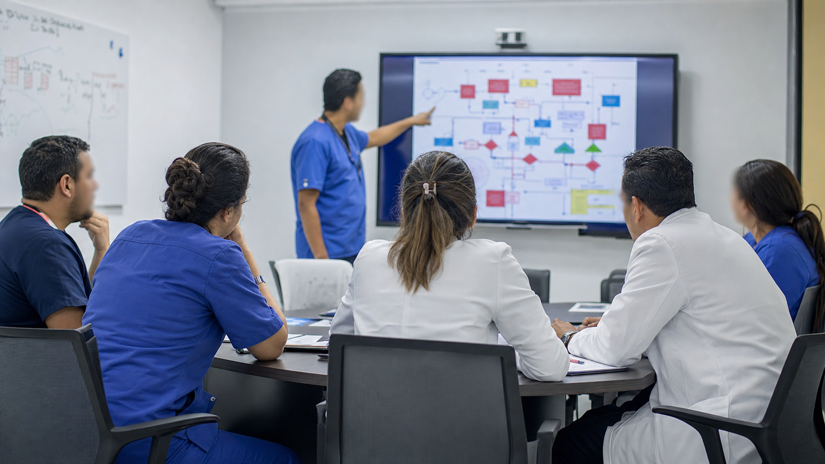 Emergency-care staff reviewing patient-flow procedures in a training room.