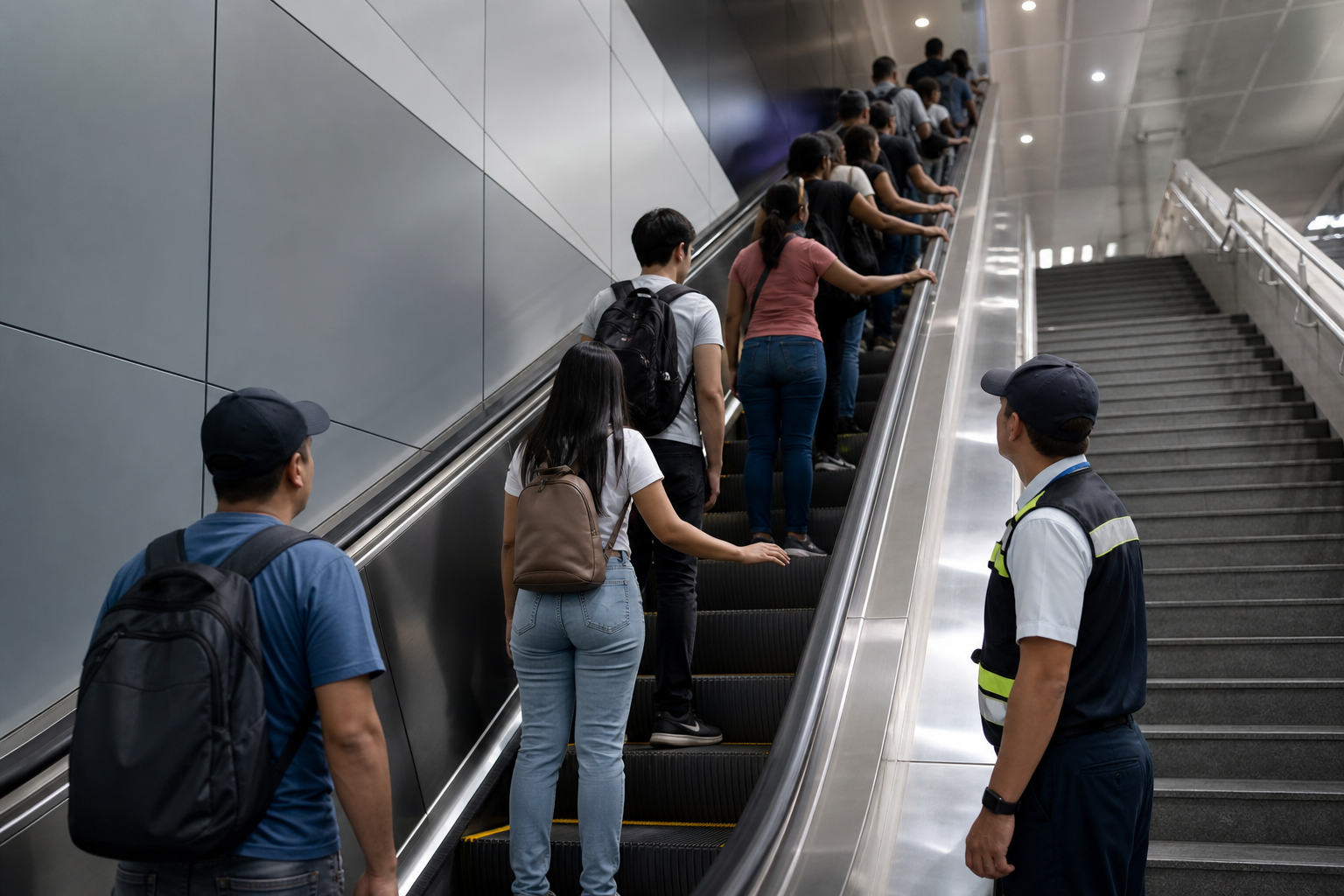 Passengers using a Metro station escalator in Panama City.