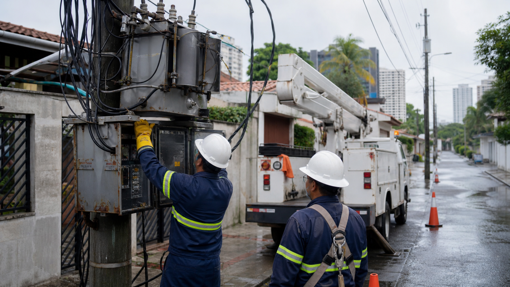 Utility workers inspecting electrical equipment after a power outage in Panama.