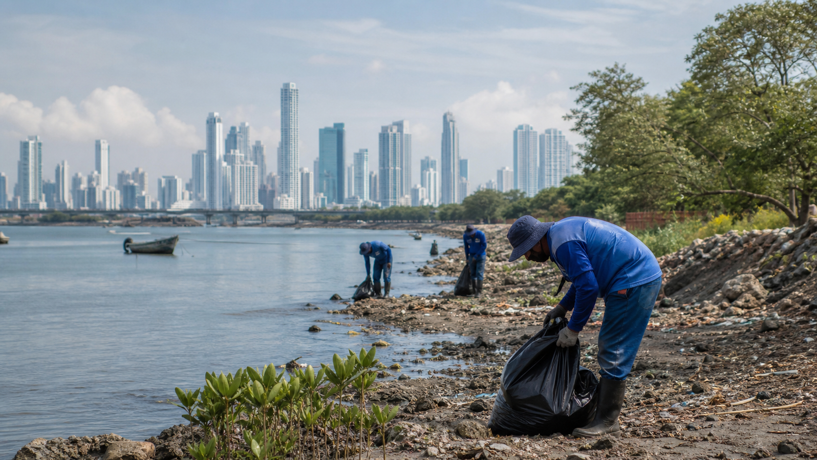 Municipal cleanup crews working near a coastal river area in Panama City.