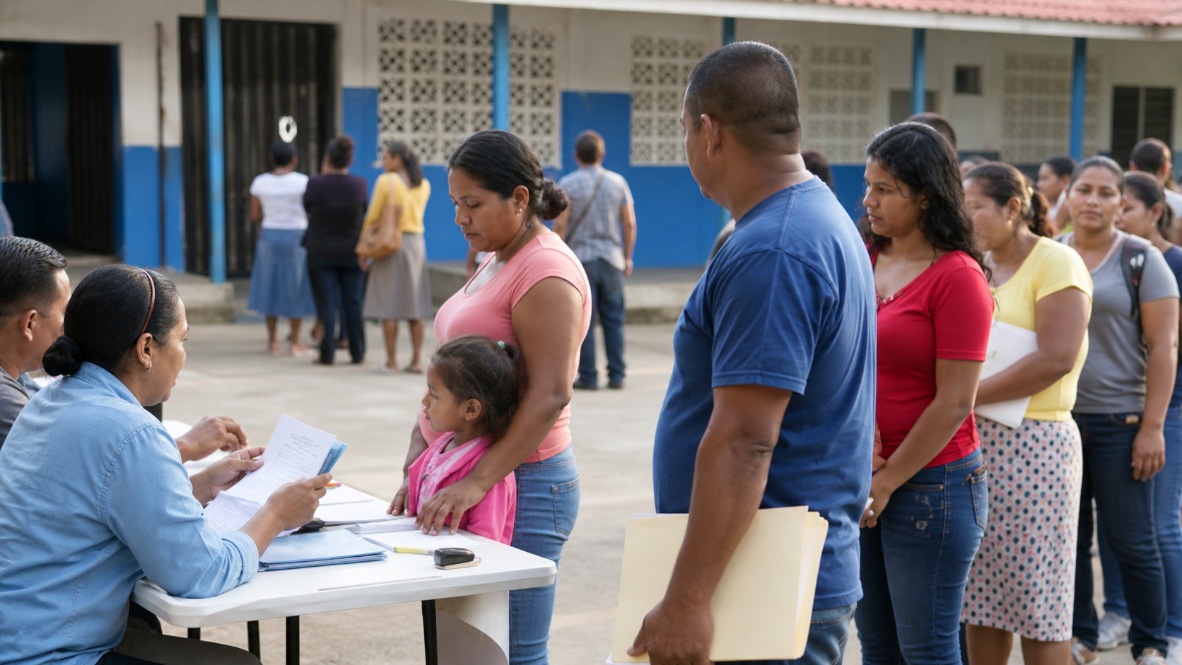 Families waiting at an organized school benefit card station in Cocle.