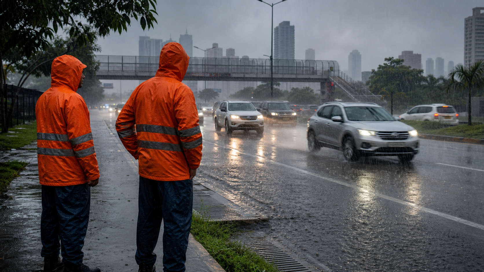 Heavy rain over a Panama roadway as civil protection workers monitor conditions.