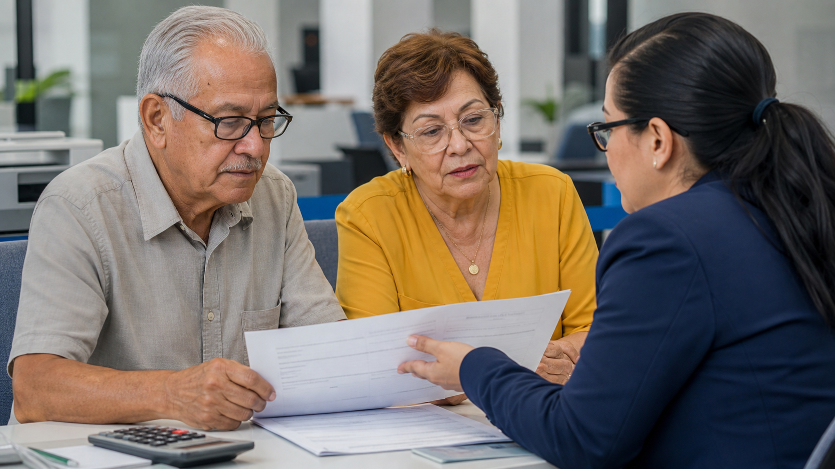 Retirees reviewing financial documents at a bank service desk in Panama.