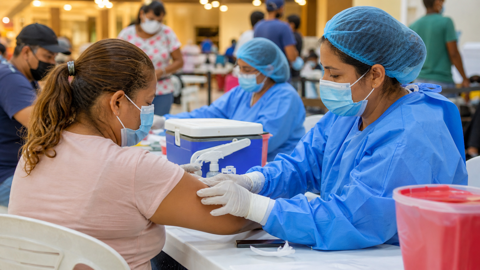 Healthcare workers assisting residents at a community vaccination point.