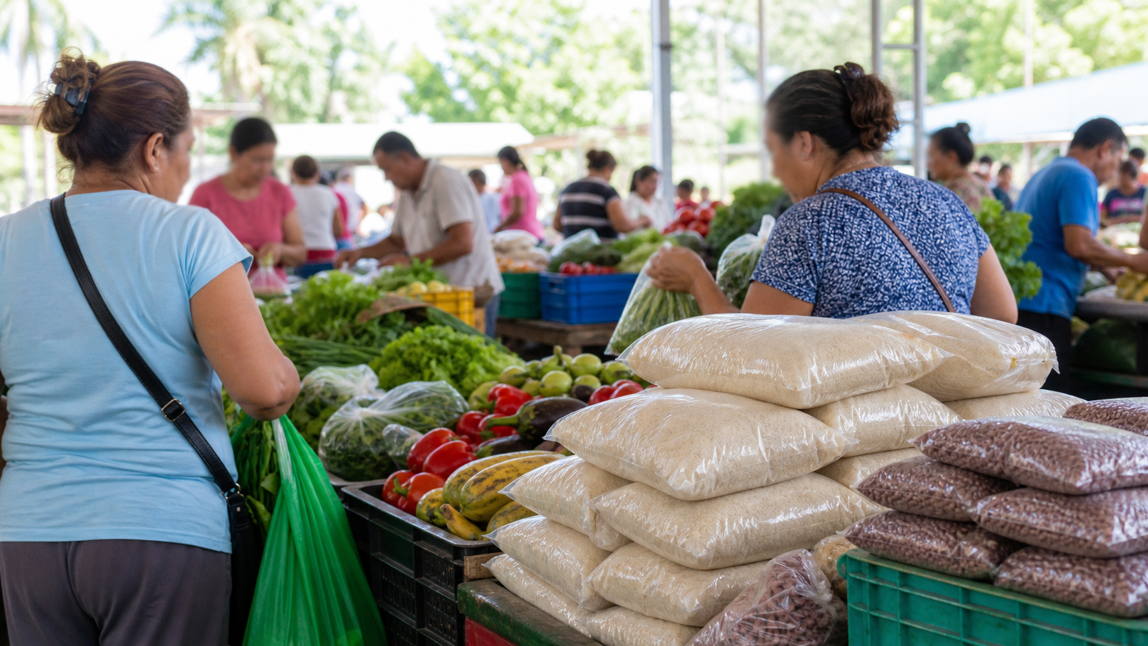 Shoppers buying produce and basic food items at an agroferia in Panama.
