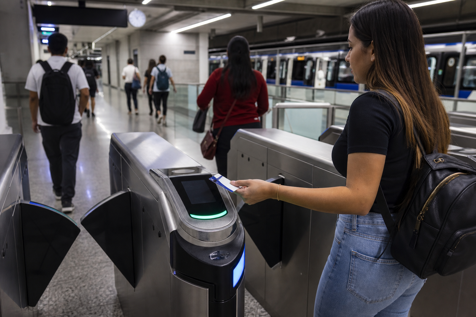 Passenger tapping a transit card at a new Metro fare validator in Panama City.