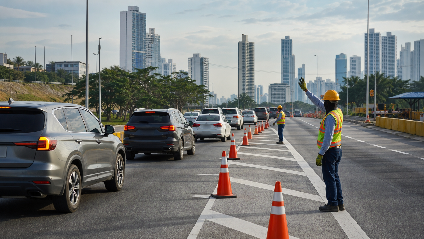 Traffic cones and road workers on a Panama highway during lane closures.