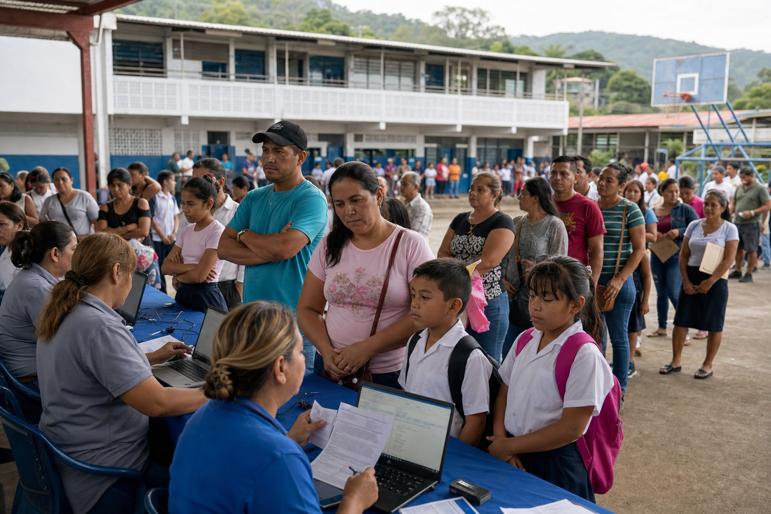 Families waiting at a school distribution table for a student benefit card in Panama.
