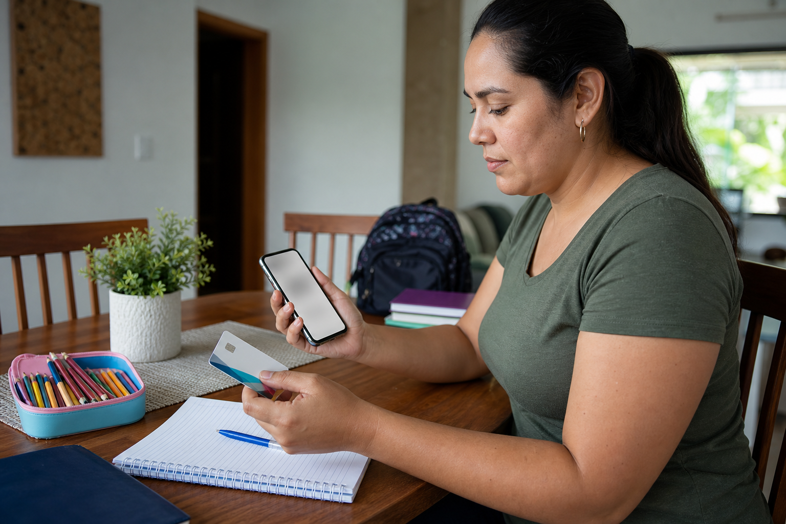 Parent using a phone while reviewing a student benefit card in Panama.