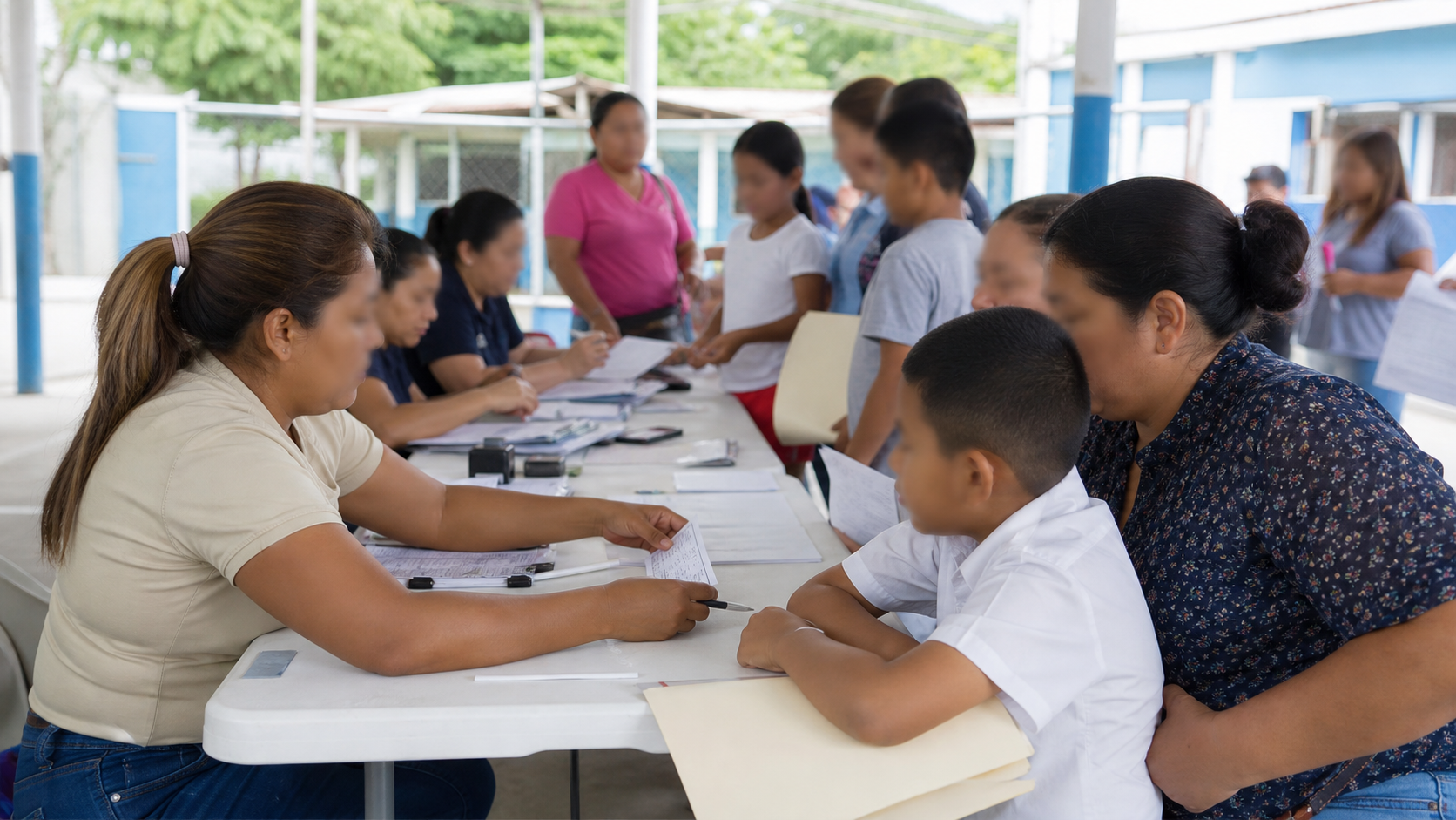 Families at an organized student benefit card delivery station in Panama.