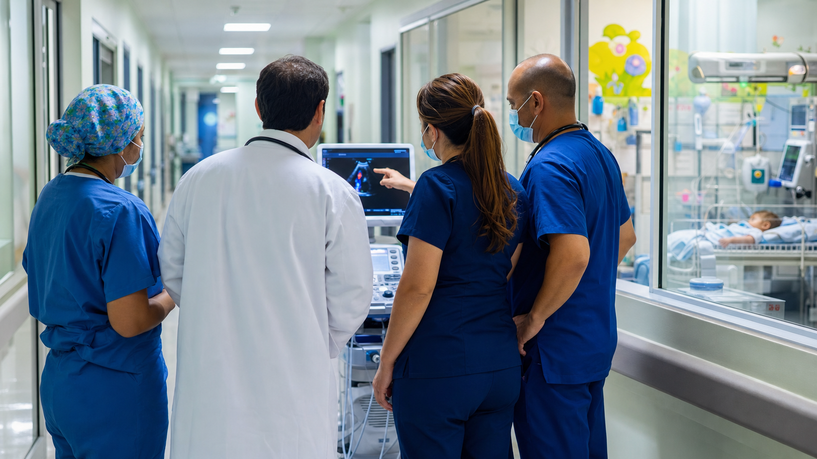 Medical teams coordinating free care in a regional hospital corridor.