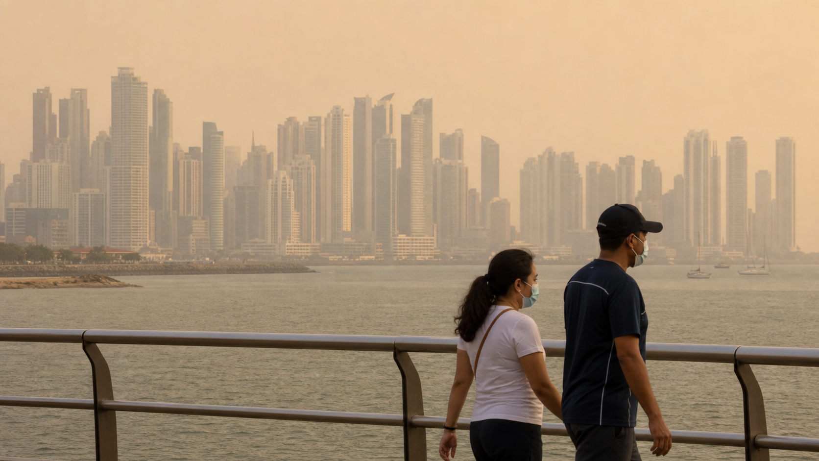 Panama City skyline under hazy Saharan dust conditions with pedestrians wearing masks.