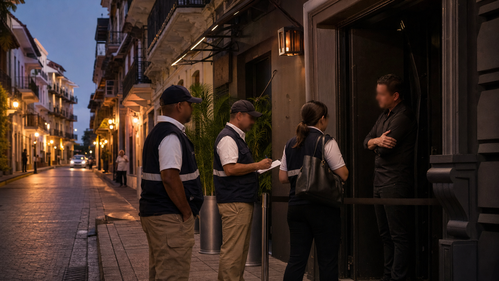 Municipal inspectors outside a closed nightlife venue in San Felipe, Panama City.