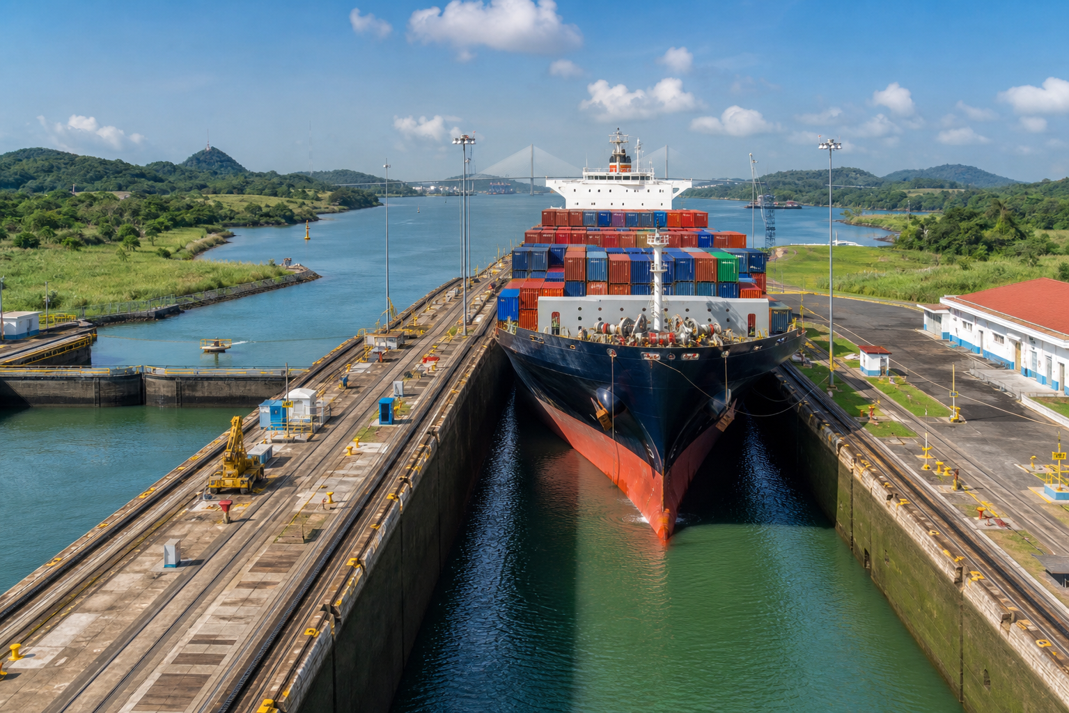 Cargo ship moving through the Panama Canal during a strong fiscal year.